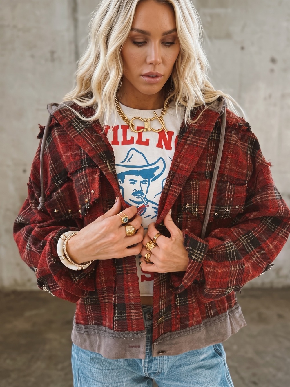 NWT POL Plaid Flannel Stud Star Patch Washed Hoodie Hooded Jacket Shacket